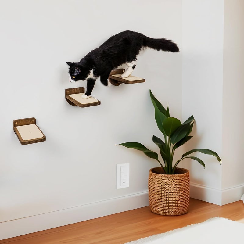 INICIO Cat Wall Stairs - Set of 3 Wall Steps for Cats to Climb with Fixtures, 9.3"x4.7" - Floating Steps for Climbing or Playing - for Kittens and Adult Cats, Dark Brown - Image 5